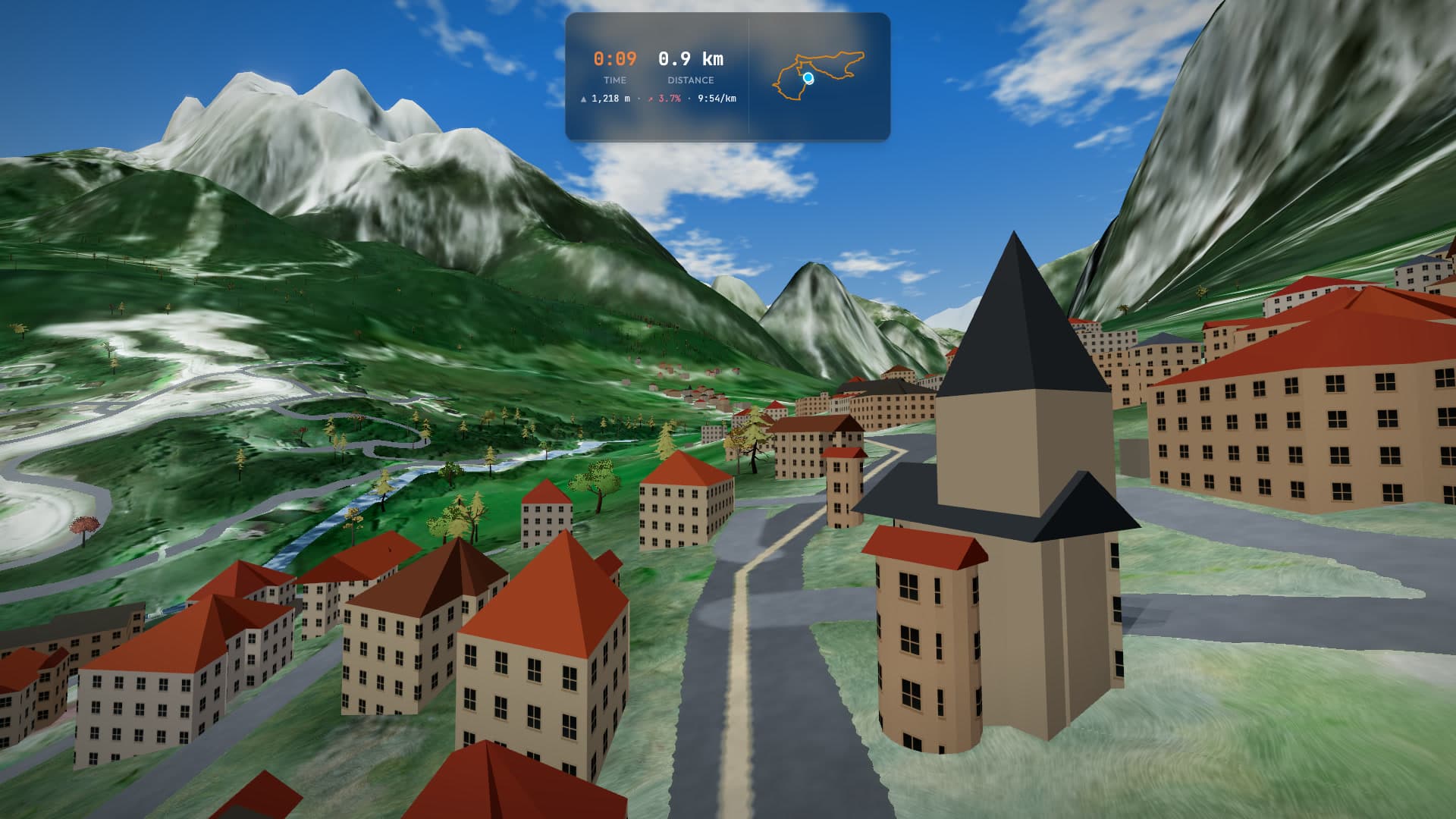 Przelot 3D z perspektywy biegacza przez Cortinę na trasie Lavaredo, z miastem, Dolomitami i statystykami biegu na żywo